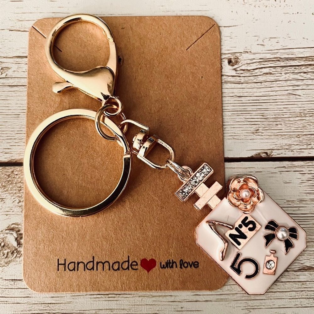 NWT Gold White Fine Perfume bottle Bling Metallic Keyholder Keyring Keychain New